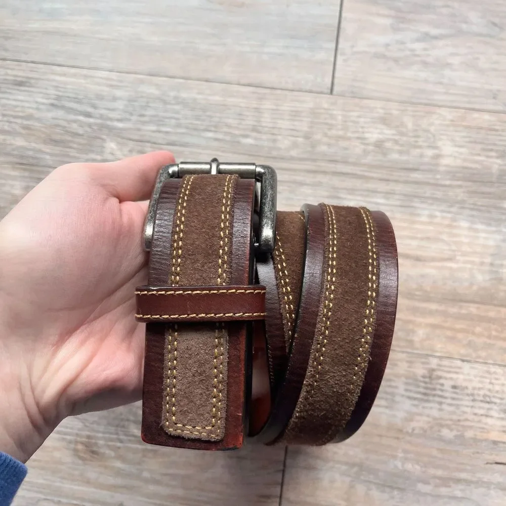 Johnston & Murphy Distressed Overlay Leather Belt Brown Size 34 Suede Leather